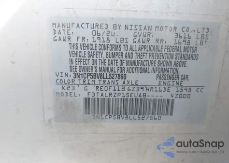 2020 Nissan Kicks S Xtronic Cvt из США, поврежденный, VIN 3N1CP5BV8LL527860